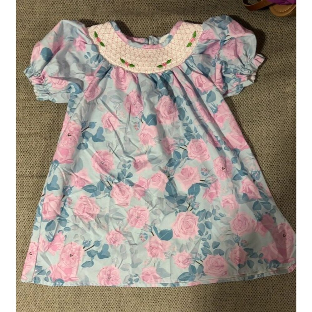 Marie Nicole Girls 3T Blue Pink Rose Floral Smocked Dress Puff Sleeve